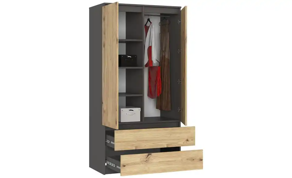 Drehtürenschrank Oda mit 2 Schubladen, geöffnet