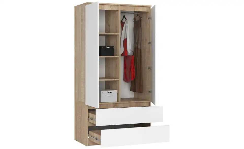 Drehtürenschrank Oda mit 2 Schubladen, geöffnet