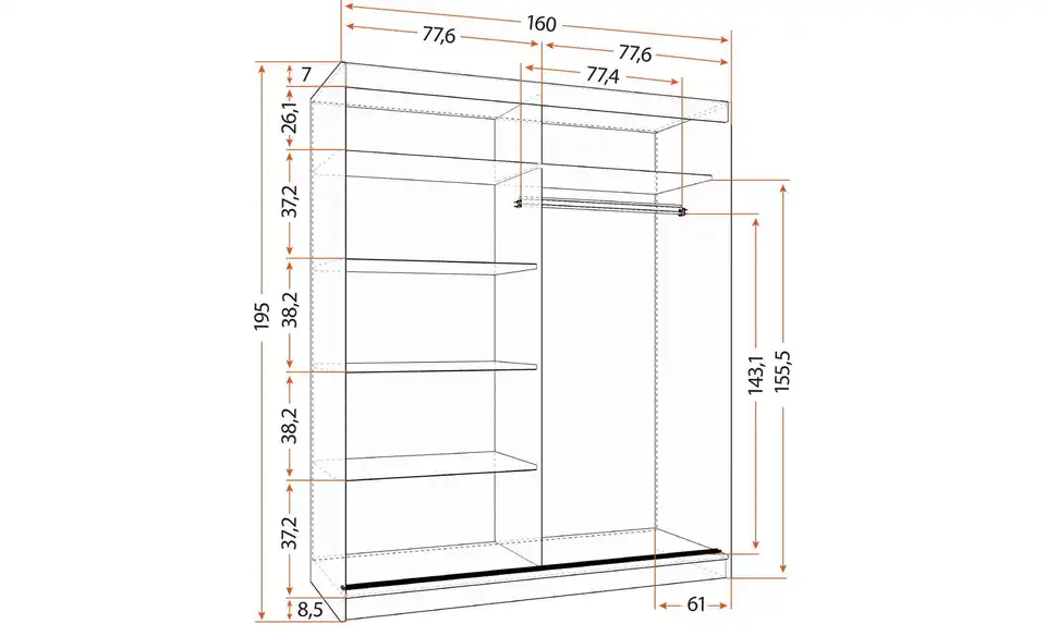 Schwebetürenschrank Bodmin 2-türig, Bemaßung