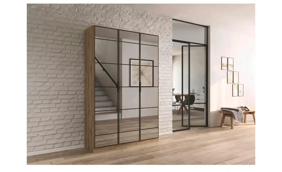 Drehtürenschrank mit Spiegelfronten Acero mit Einlegeböden, in Wohnsituation