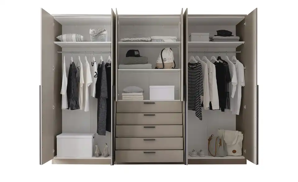 Drehtürenschrank Amesbury 6-türig, Cashmere, mit Einlegeböden, geöffnet