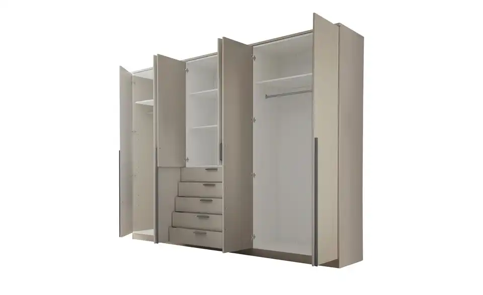 Drehtürenschrank Amesbury 6-türig, Cashmere, mit Einlegeböden, geöffnet