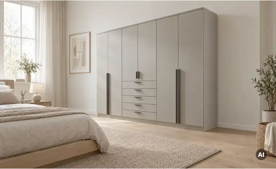 Drehtürenschrank Amesbury 6-türig, Cashmere, mit Einlegeböden, in Wohnsituation