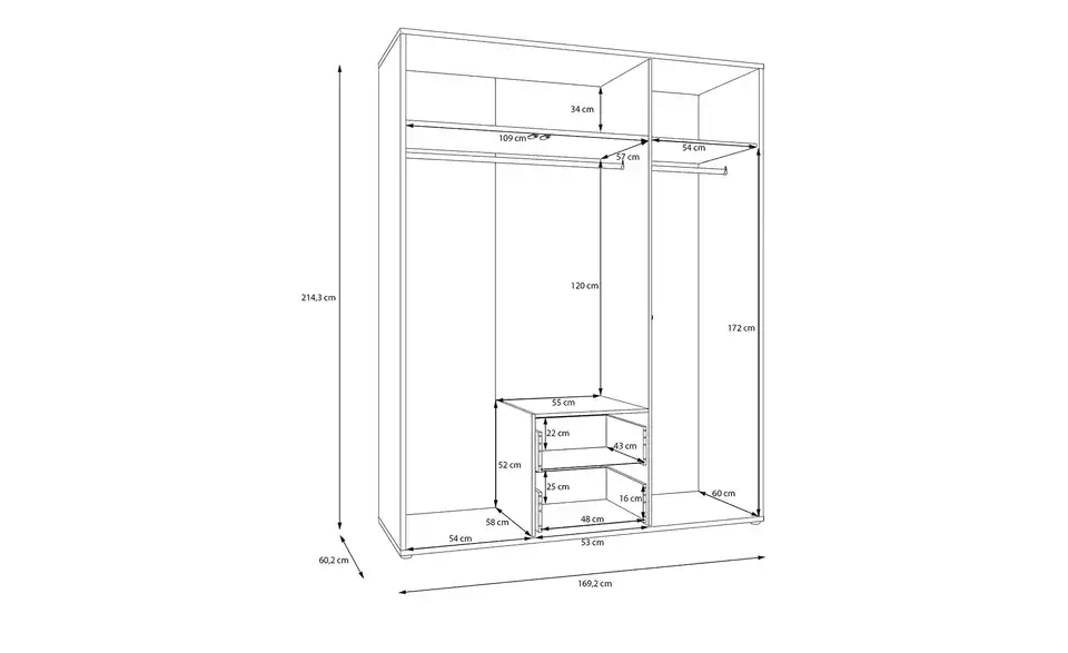 Drehtürenschrank Bolognano, Bemaßung