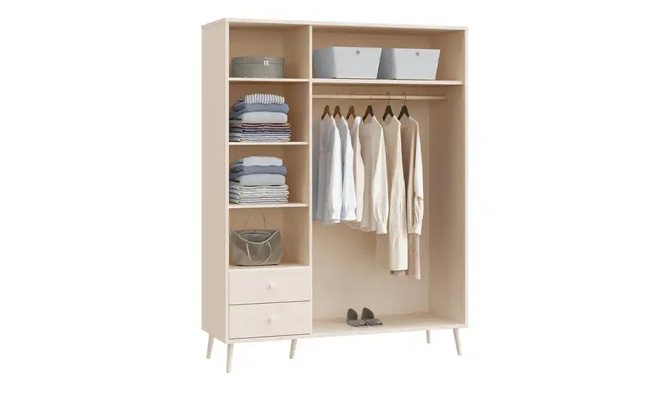 Kleiderschrank Hemsby 3-türig, Salbeigrün, mit Einlegeböden, geöffnet