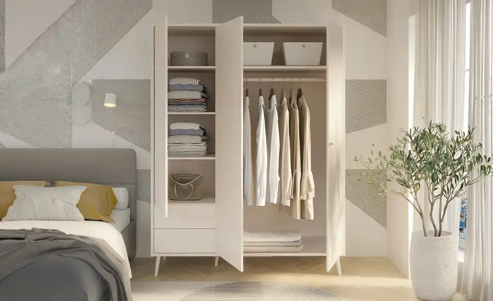 Kleiderschrank Hemsby 3-türig, Salbeigrün, mit Einlegeböden, in Wohnsituation