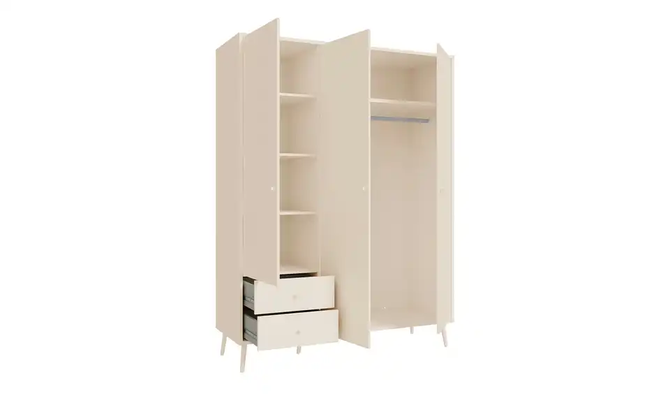 Kleiderschrank Hemsby 3-türig, Salbeigrün, mit Einlegeböden, geöffnet