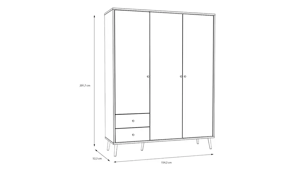 Kleiderschrank Hemsby 3-türig, Salbeigrün, mit Einlegeböden, Bemaßung