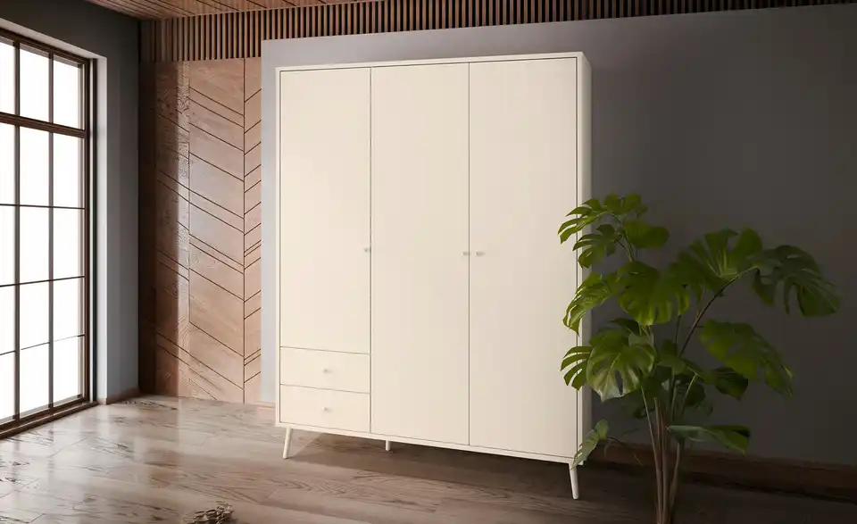 Kleiderschrank Hemsby 3-türig, Salbeigrün, mit Einlegeböden, in Wohnsituation