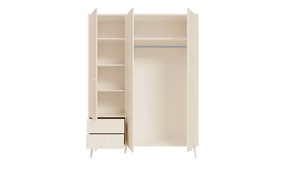 Kleiderschrank Hemsby 3-türig, Salbeigrün, mit Einlegeböden, geöffnet