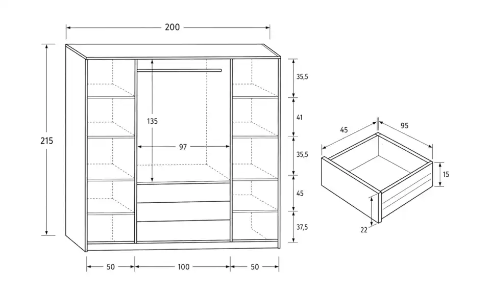 Drehtürenschrank, Bemaßung