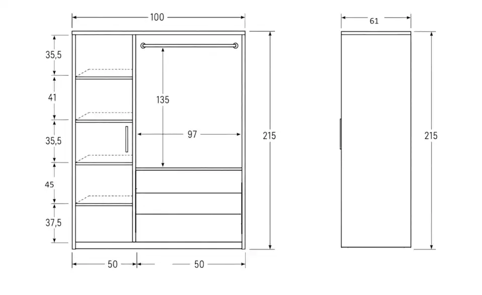 Drehtürenschrank, Bemaßung
