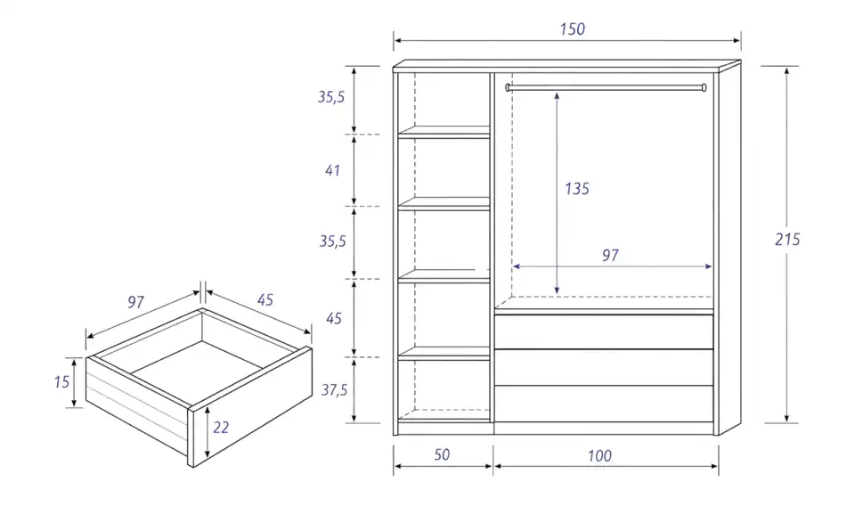Drehtürenschrank, Bemaßung