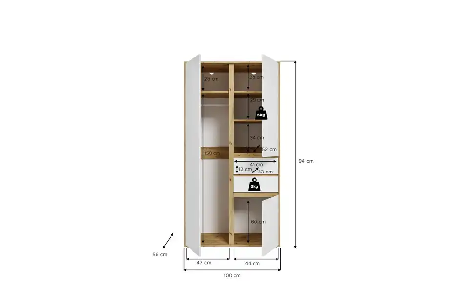 Kleiderschrank Felden, Bemaßung