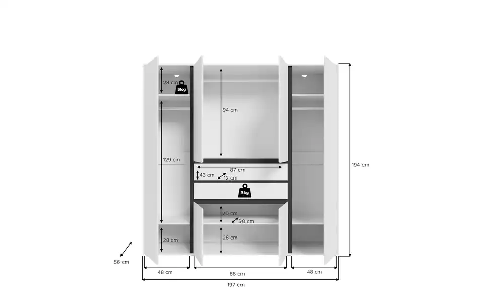 Kleiderschrank Felden, Bemaßung