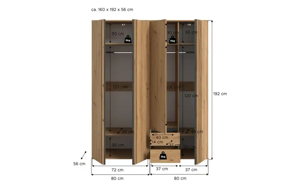 Kleiderschrank Thomby, Bemaßung
