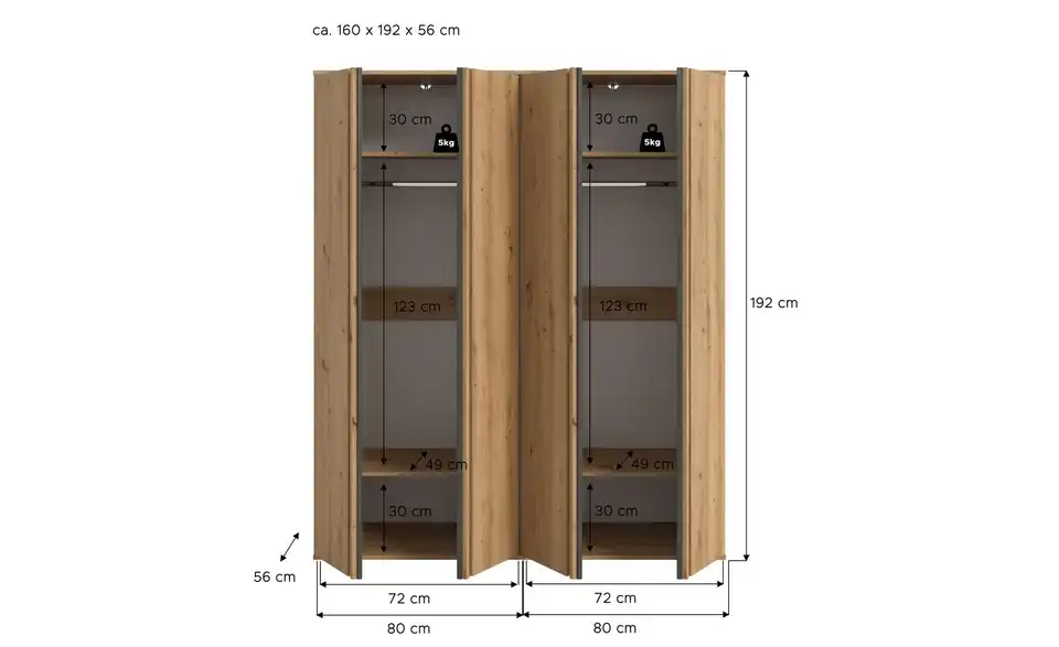 Kleiderschrank Thomby, Bemaßung