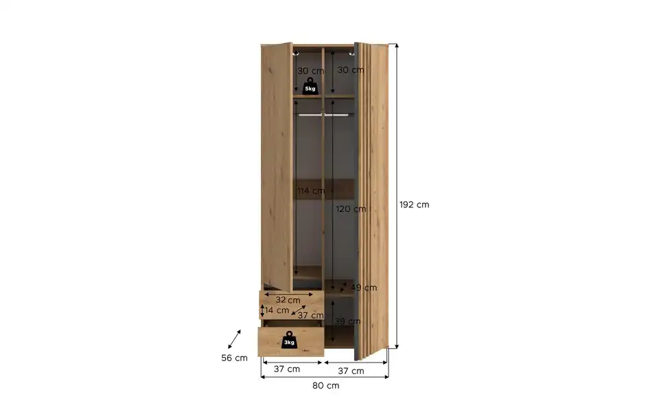 Kleiderschrank Thomby, Bemaßung
