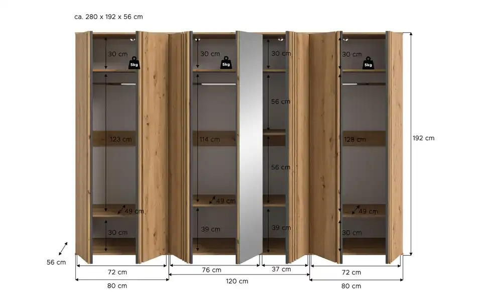 Kleiderschrank Thomby, Bemaßung
