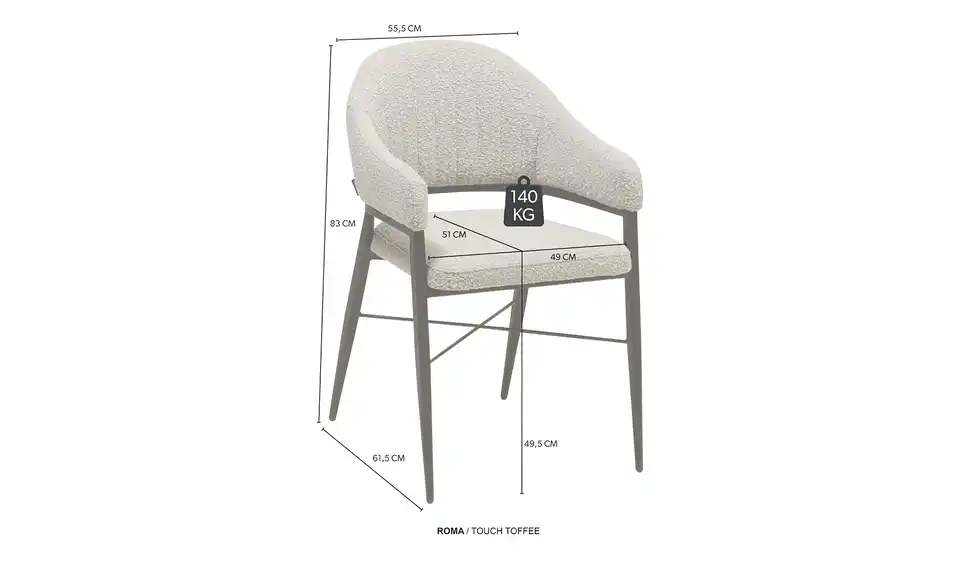 uno Armlehnstuhl Roma, Bemaßung