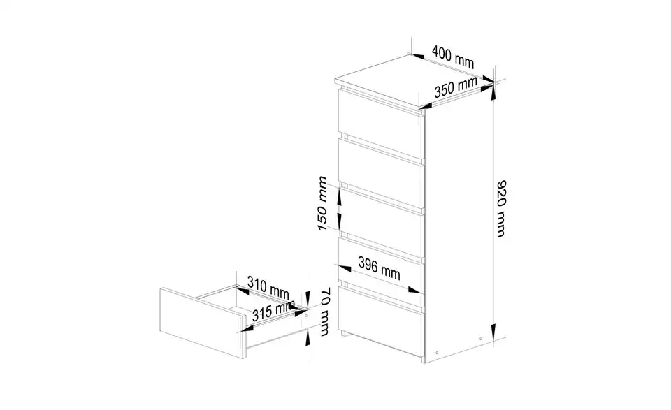 Kommode Carlo mit 5 Schubladen, Bemaßung