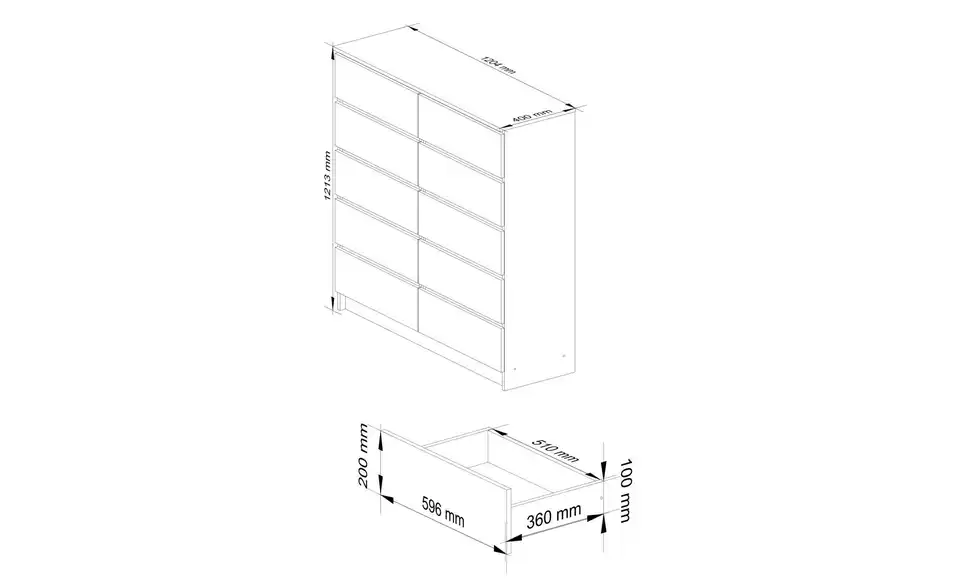 Kommode Kersten mit 10 Schubladen, Bemaßung