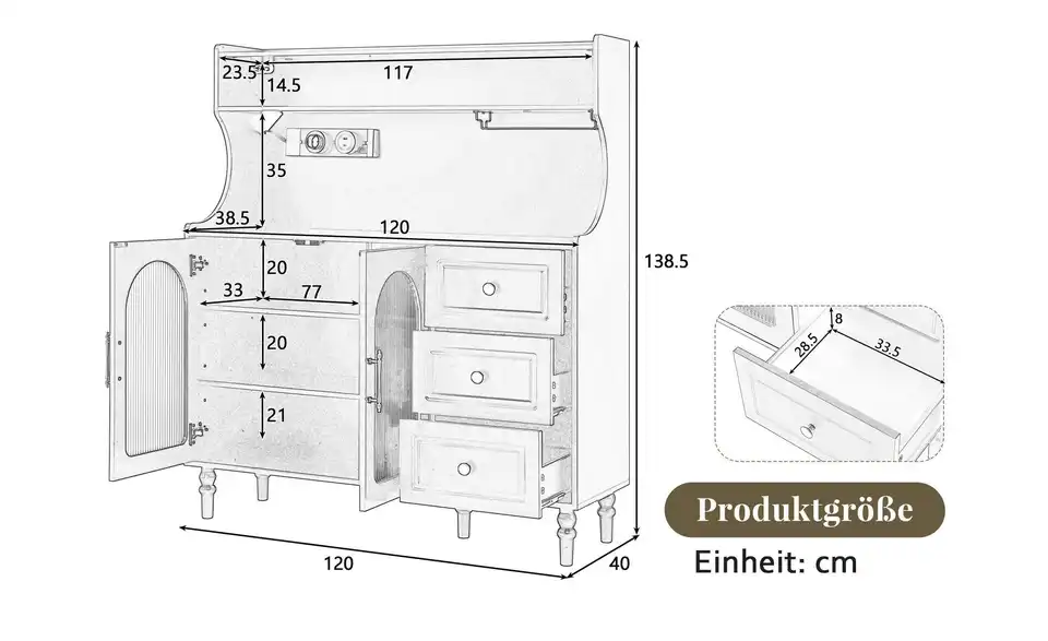 Buffetschrank Rhizo, Bemaßung