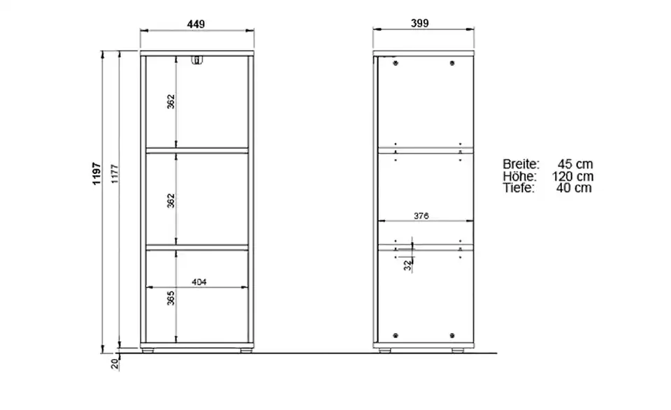 Aktenregal Arlau, Bemaßung