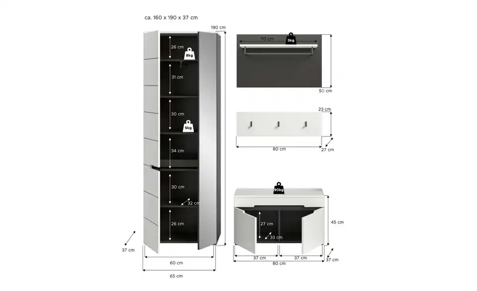 Garderobenkombination, Bemaßung
