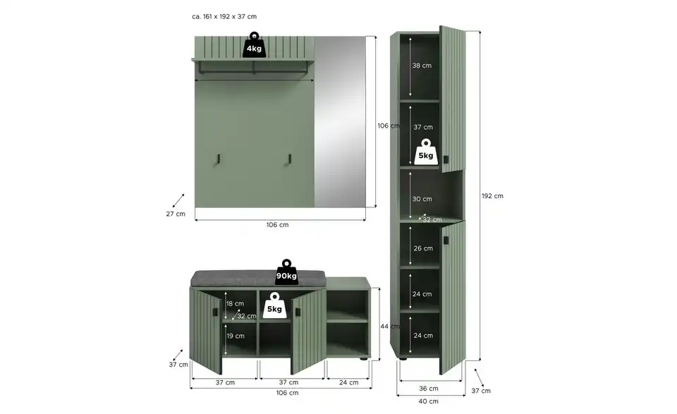 Garderobenkombination, Bemaßung