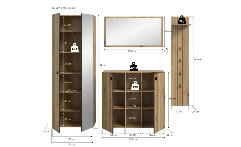 Garderobenkombination 4-teilig Station, Bemaßung
