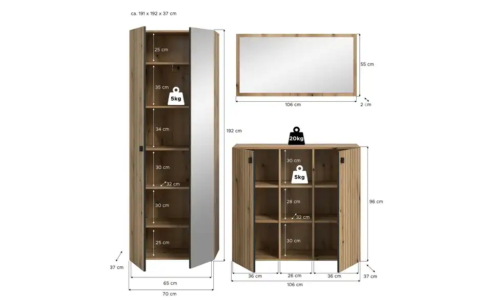 Garderobenkombination, Bemaßung