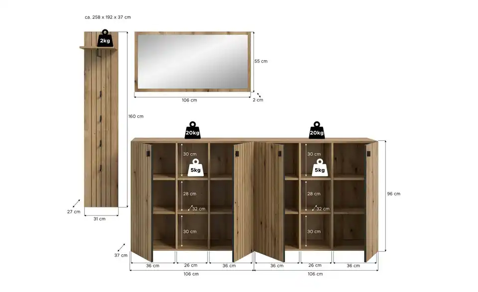 Garderobenkombination, Bemaßung