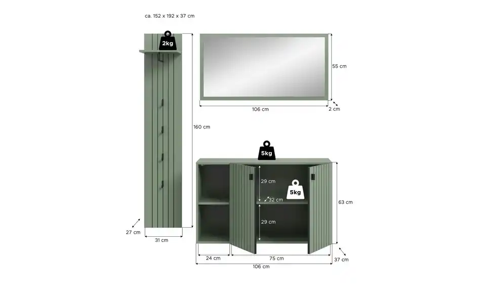 Garderobenkombination, Bemaßung