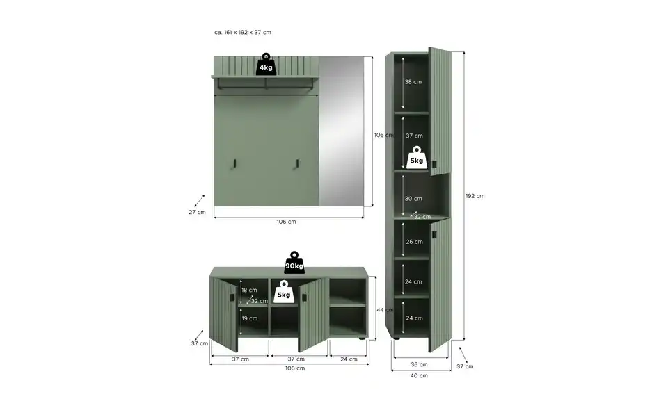 Garderobenkombination, Bemaßung