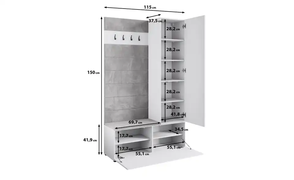 Garderobe Tejo, Bemaßung