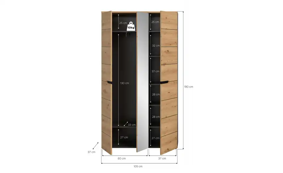 Garderobenschrank Canu, Bemaßung