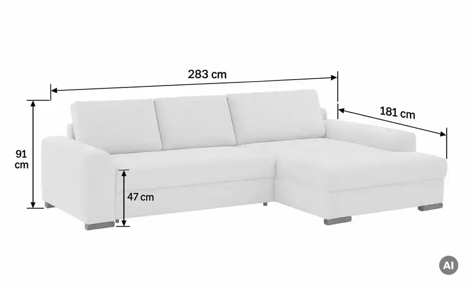 bobb Ecksofa Soumia in kuscheligem Cordstoff, Bemaßung