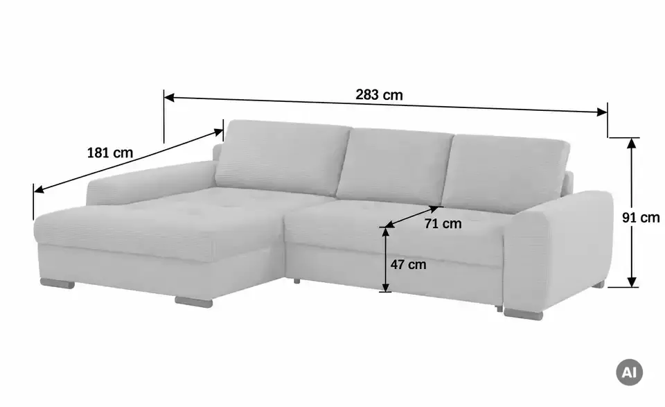 bobb Ecksofa Soumia in kuscheligem Cordstoff, Bemaßung
