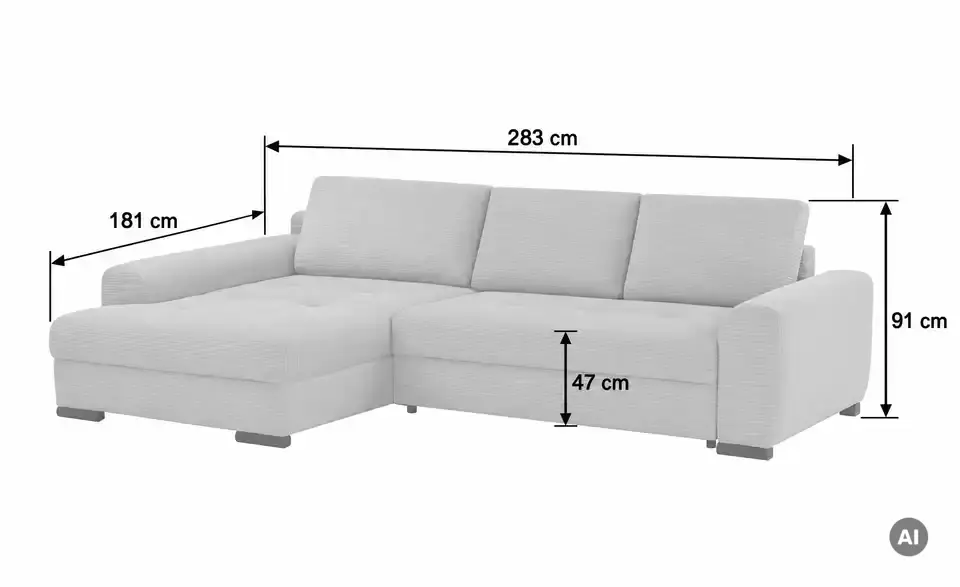 bobb Ecksofa Soumia in kuscheligem Cordstoff, Bemaßung
