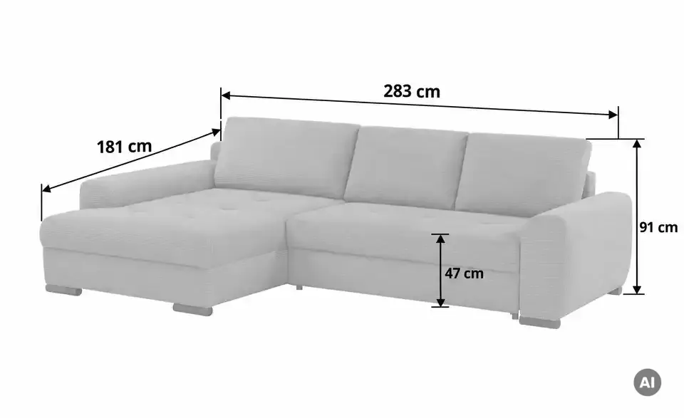 bobb Ecksofa Soumia in kuscheligem Cordstoff, Bemaßung