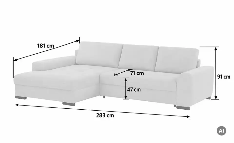 bobb Ecksofa Soumia in kuscheligem Cordstoff, Bemaßung