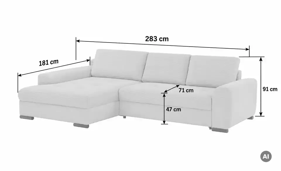 bobb Ecksofa Soumia in kuscheligem Cordstoff, Bemaßung
