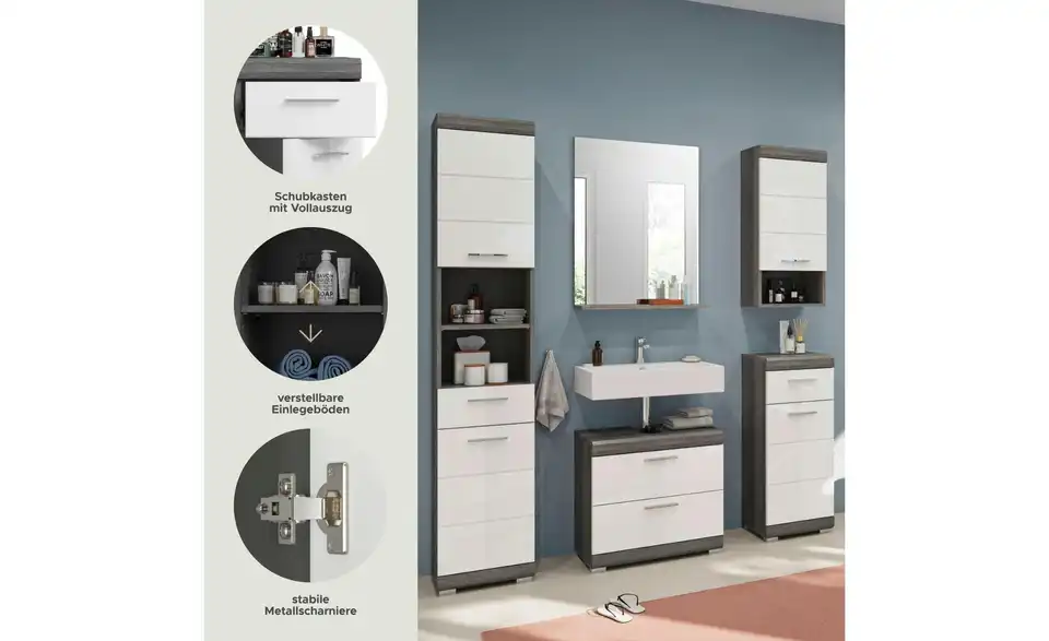 Badmöbel-Set SCHLOONSEE, 5 teilig, bestehend aus: Hochschrank, WBU, Spiegel, Unterschrank, Hängeschrank Schloonsee, Bild mit Text