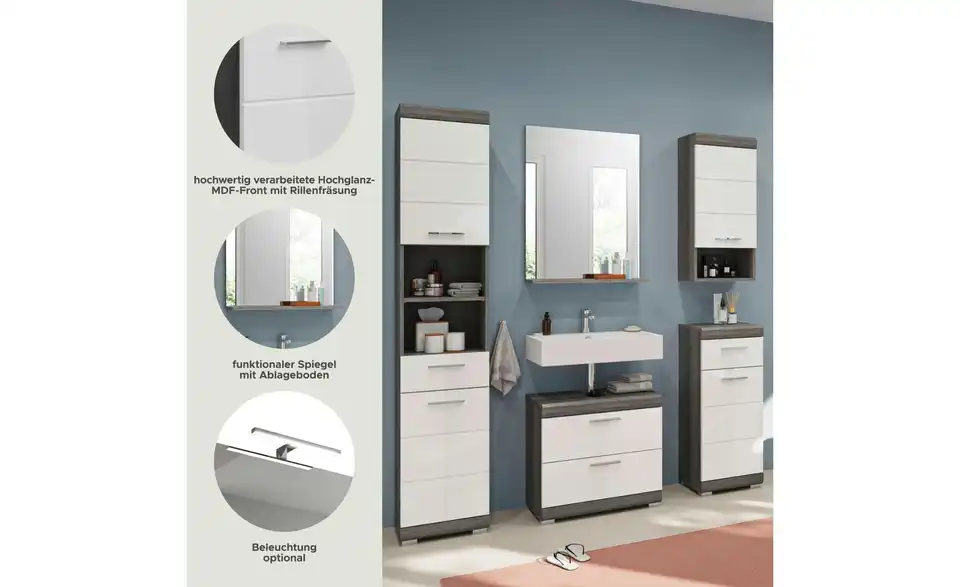 Badmöbel-Set SCHLOONSEE, 5 teilig, bestehend aus: Hochschrank, WBU, Spiegel, Unterschrank, Hängeschrank Schloonsee, Bild mit Text