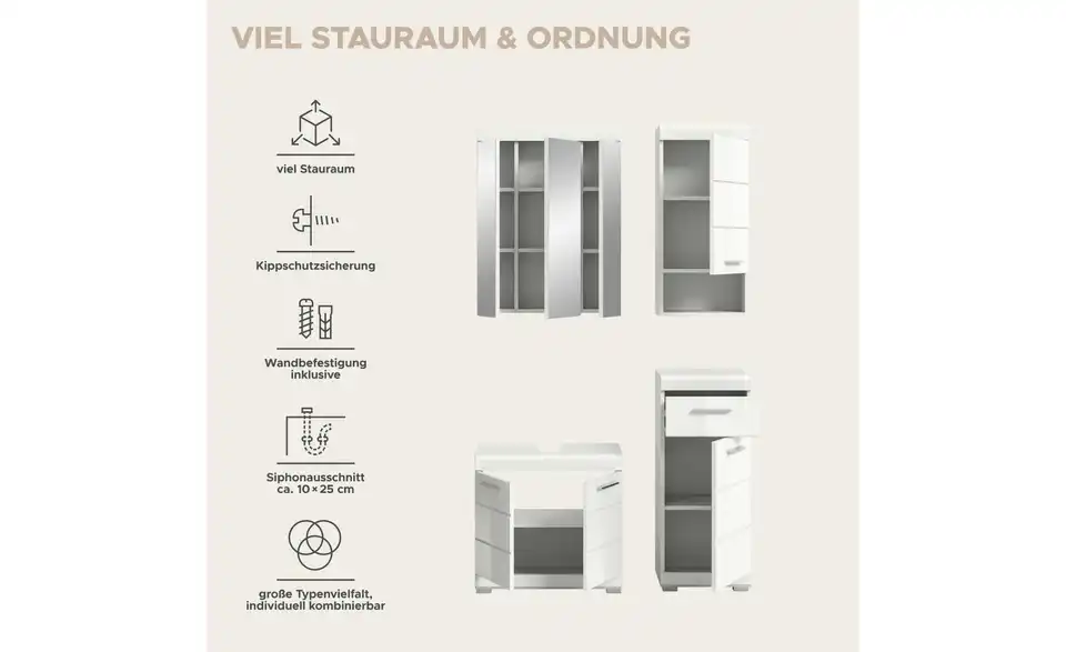 Badmöbel-Set SCHLOONSEE, 4 teilig, bestehend aus: Waschbeckenunterschrank, Spiegelschrank, Unterschrank, Hängeschrank Schloonsee, Bild mit Text