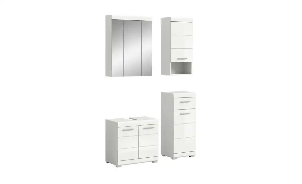 Badmöbel-Set SCHLOONSEE, 4 teilig, bestehend aus: Waschbeckenunterschrank, Spiegelschrank, Unterschrank, Hängeschrank Schloonsee, Perspektive
