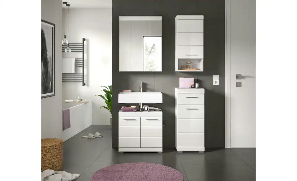 Badmöbel-Set SCHLOONSEE, 4 teilig, bestehend aus: Waschbeckenunterschrank, Spiegelschrank, Unterschrank, Hängeschrank Schloonsee, in Wohnsituation