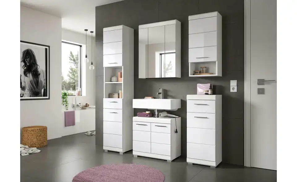 Badmöbel-Set SCHLOONSEE, 4 teilig, bestehend aus: Waschbeckenunterschrank, Spiegelschrank, Unterschrank, Hängeschrank Schloonsee, in Wohnsituation