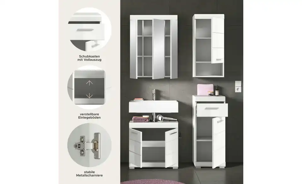 Badmöbel-Set SCHLOONSEE, 4 teilig, bestehend aus: Waschbeckenunterschrank, Spiegelschrank, Unterschrank, Hängeschrank Schloonsee, Bild mit Text